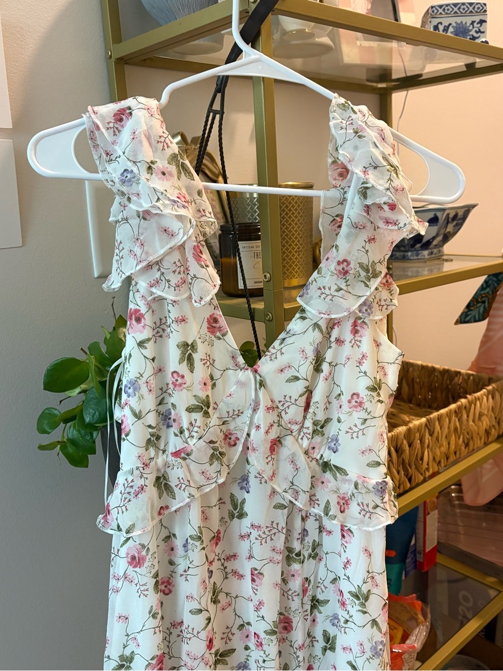 Francesca's Collections Cream Maxi Dress with Pink Floral Ruffle Details